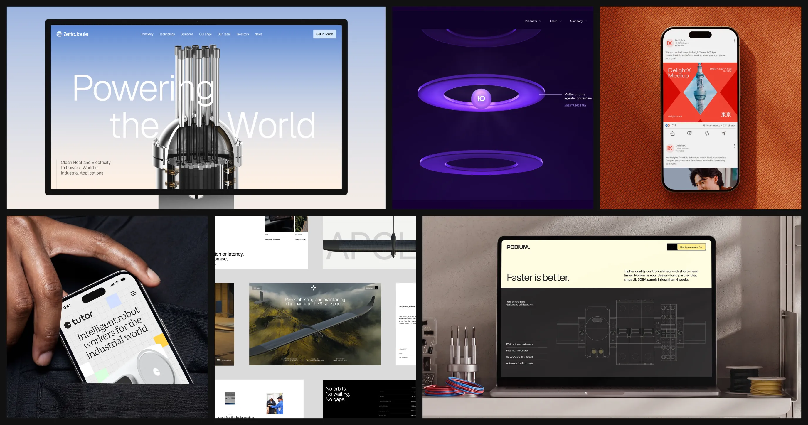 Six Zypsy brand applications, including ZettaJoule, DelightX, Tutor and Podium websites and app screens
