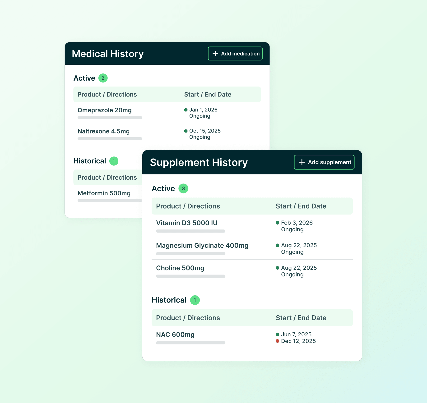 User interface showing medical history and supplement tracking in Practice Better