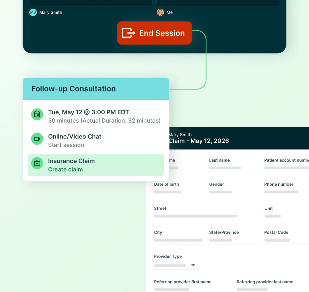 User interface showing how to bill insurance after ending a telehealth session.