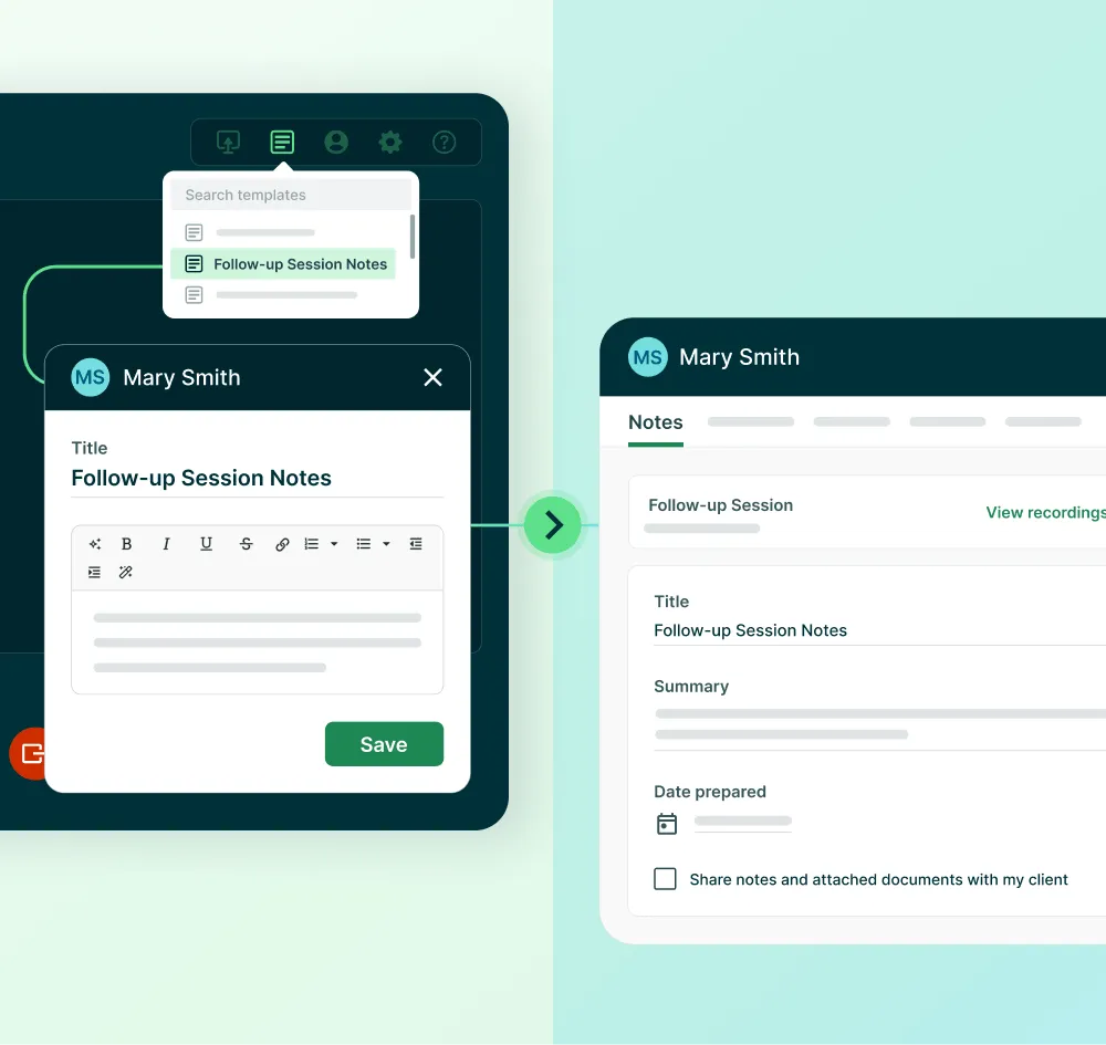 User interface showing session notes being created during a Telehealth and syncing to the clients records.