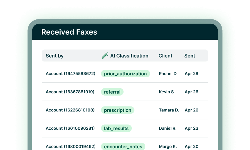 Received faxes list showing sender account, AI classification, client name, and sent date.