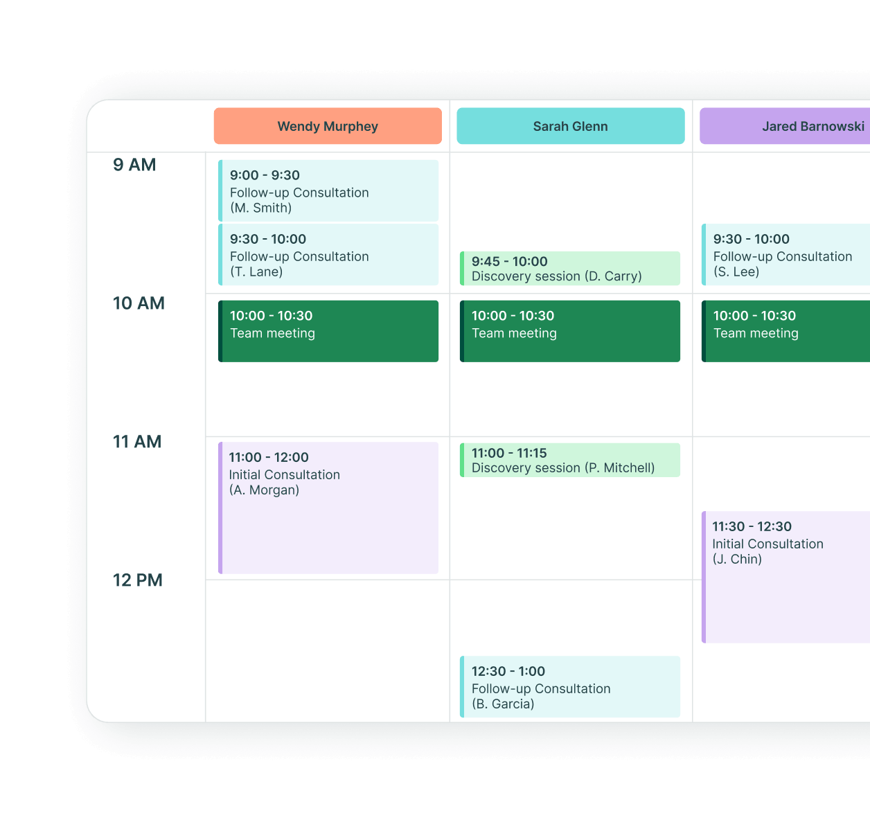 Scheduling calendar showing appointments and meetings.