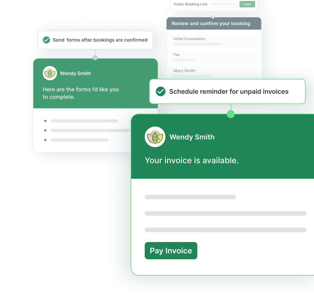 Interface showing booking page, automated booking forms, and invoice reminders.