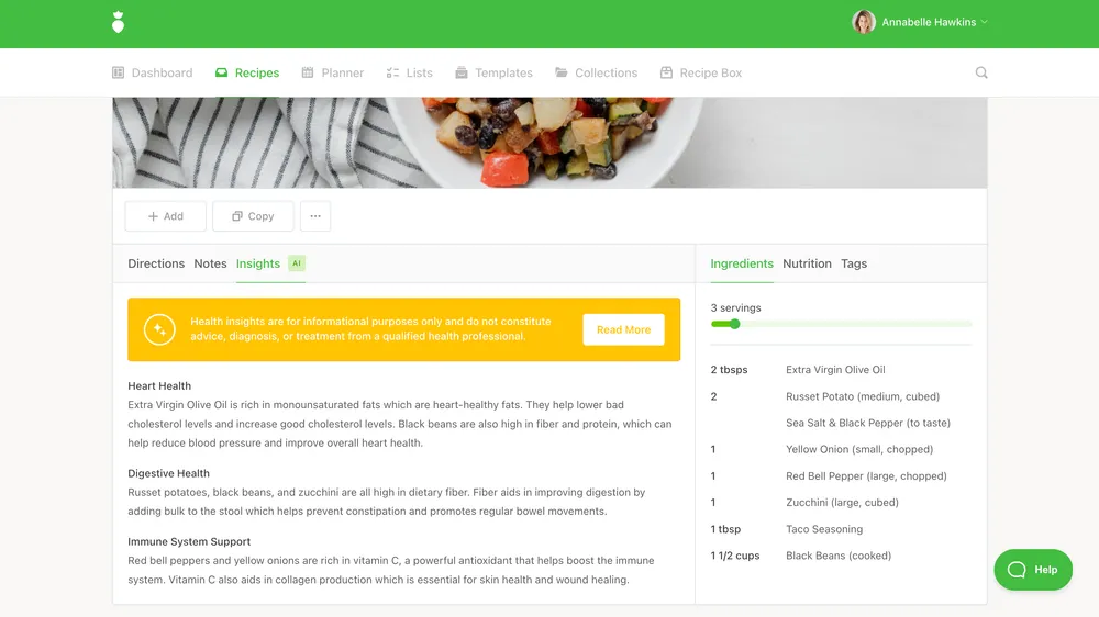 A screen cap of That Clean Life’s AI Insights sharing information on heart health, digestive health, and immune system support. 