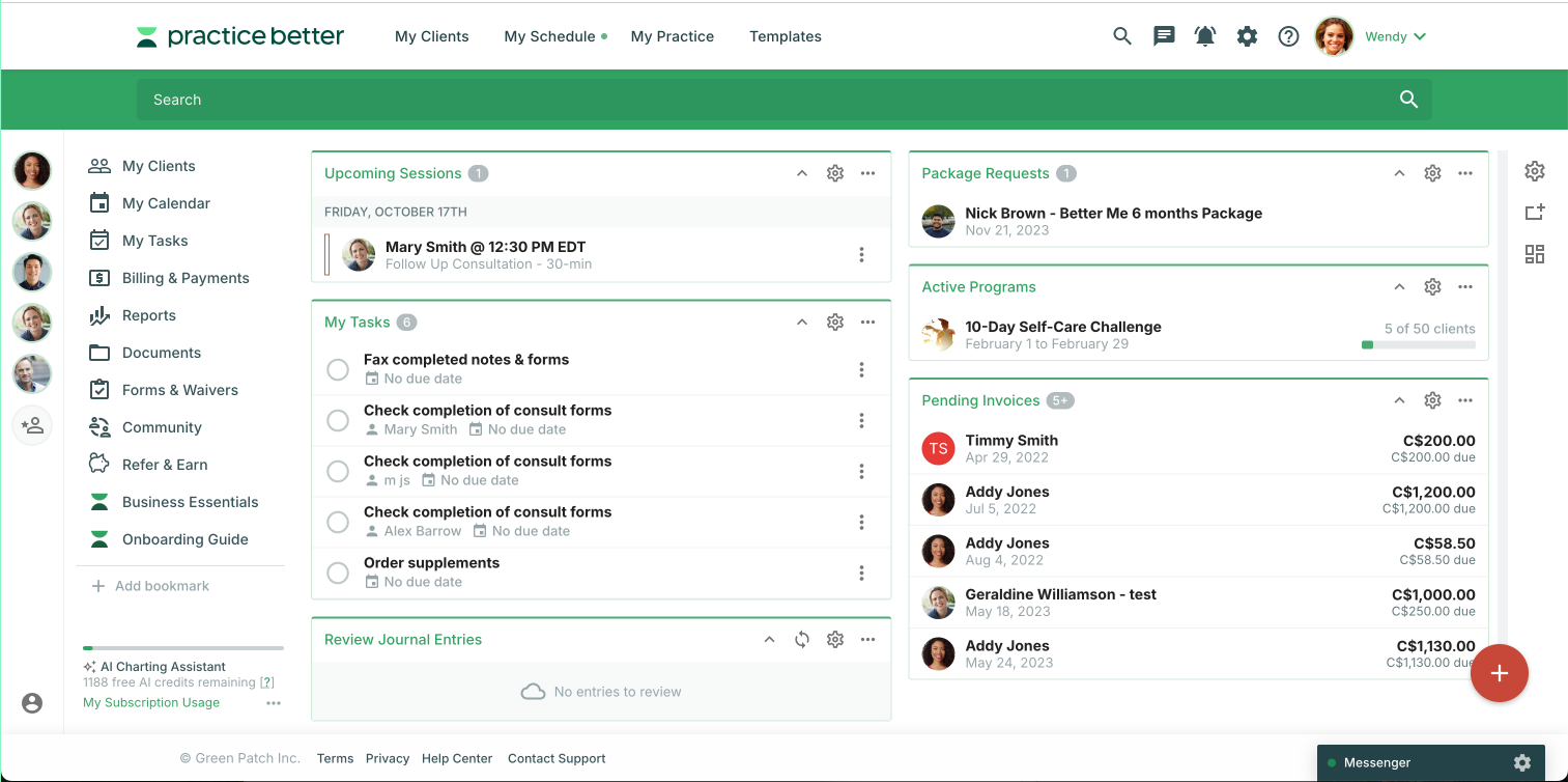 Practice Better dashboard showing client management and scheduling interface