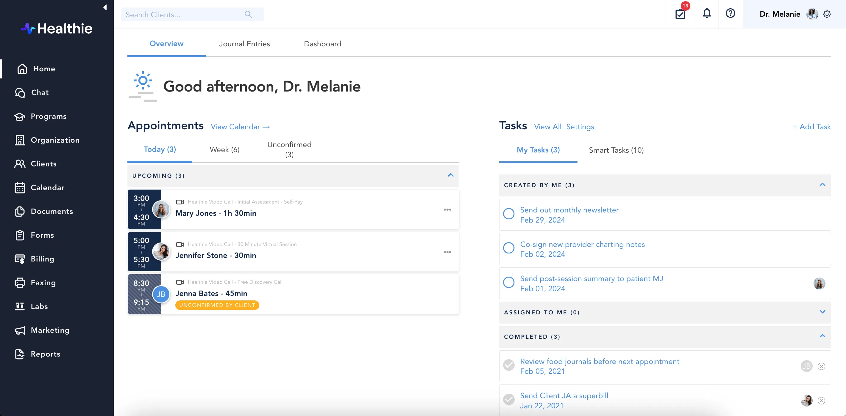 Healthie user interface displaying tasks and appointment features