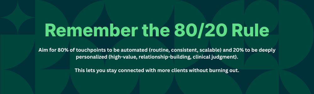 Remember the 80/20 rule: Aim for 80% of touchpoints to be automated (routine, consistent, scalable) and 20% to be deeply personalized (high-value, relationship-building, clinical judgment).  This lets you stay connected with more clients without burning out.