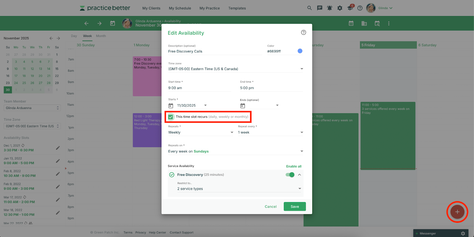 Practice Better calendar availability settings showing recurring hours and one-time blocks.