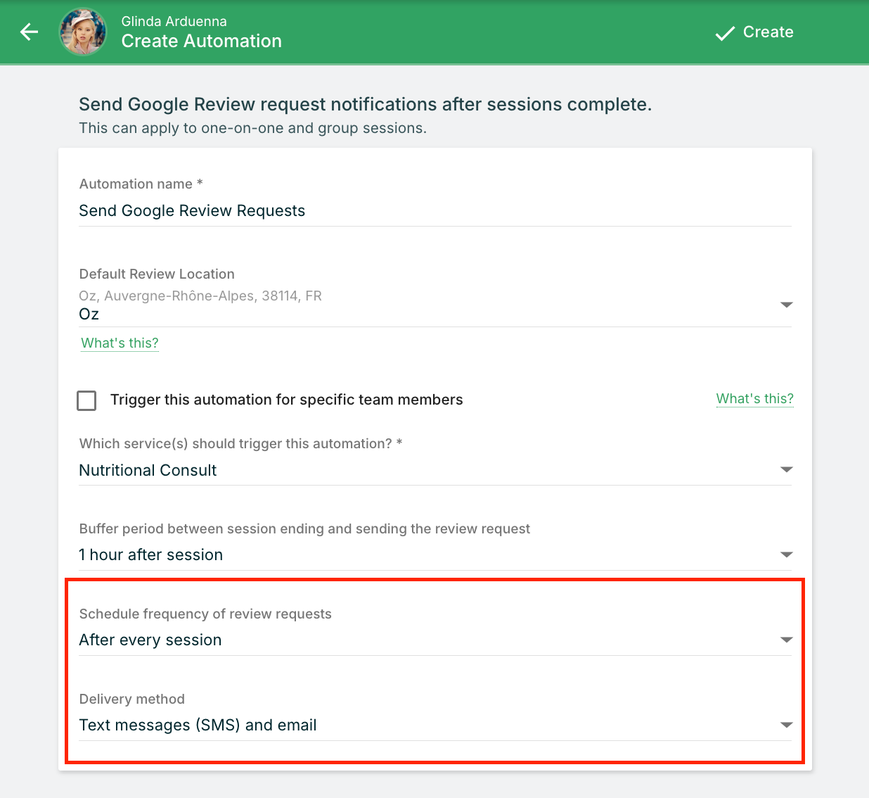 Practice Better automations interface showing review request workflow with session trigger and location selection