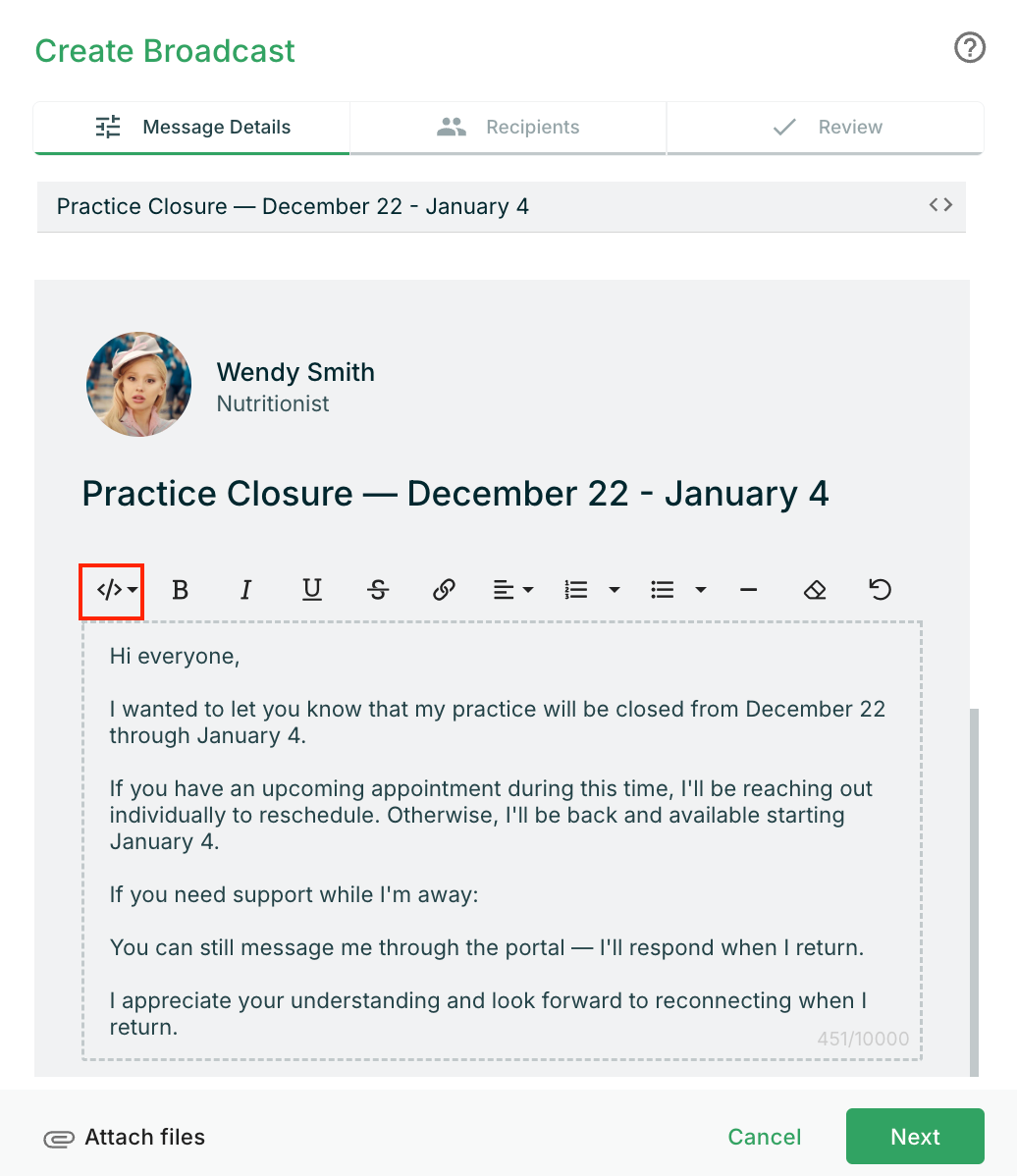 Practice Better broadcast message interface with closure reminder template and recipient selection
