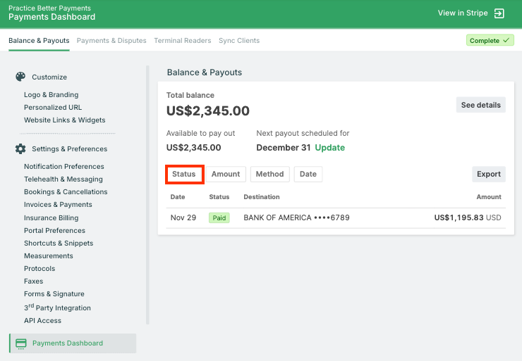 Practice Better Payments Dashboard showing Balance & Payouts tab with payout schedule and recent transfers
