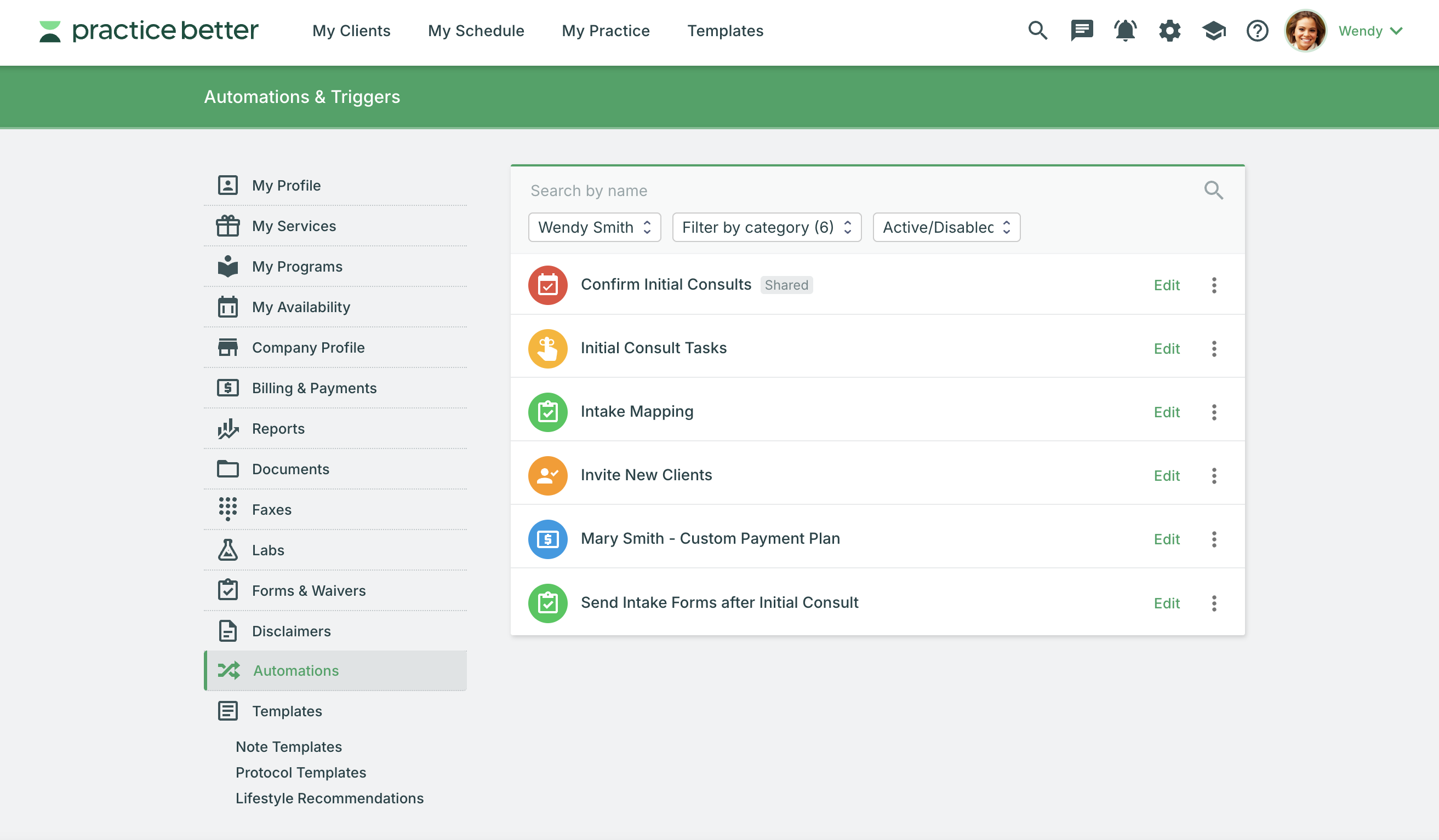A product screenshot showing the automations home screen in Practice Better. There are several automations set up, including "Confirm Initial Consults," "Initial Consult Tasks," "Intake Mapping," "Invite New Clients," "Mary Smith - Custom Payment Plan," and "Send Intake Forms after Initial Consult."