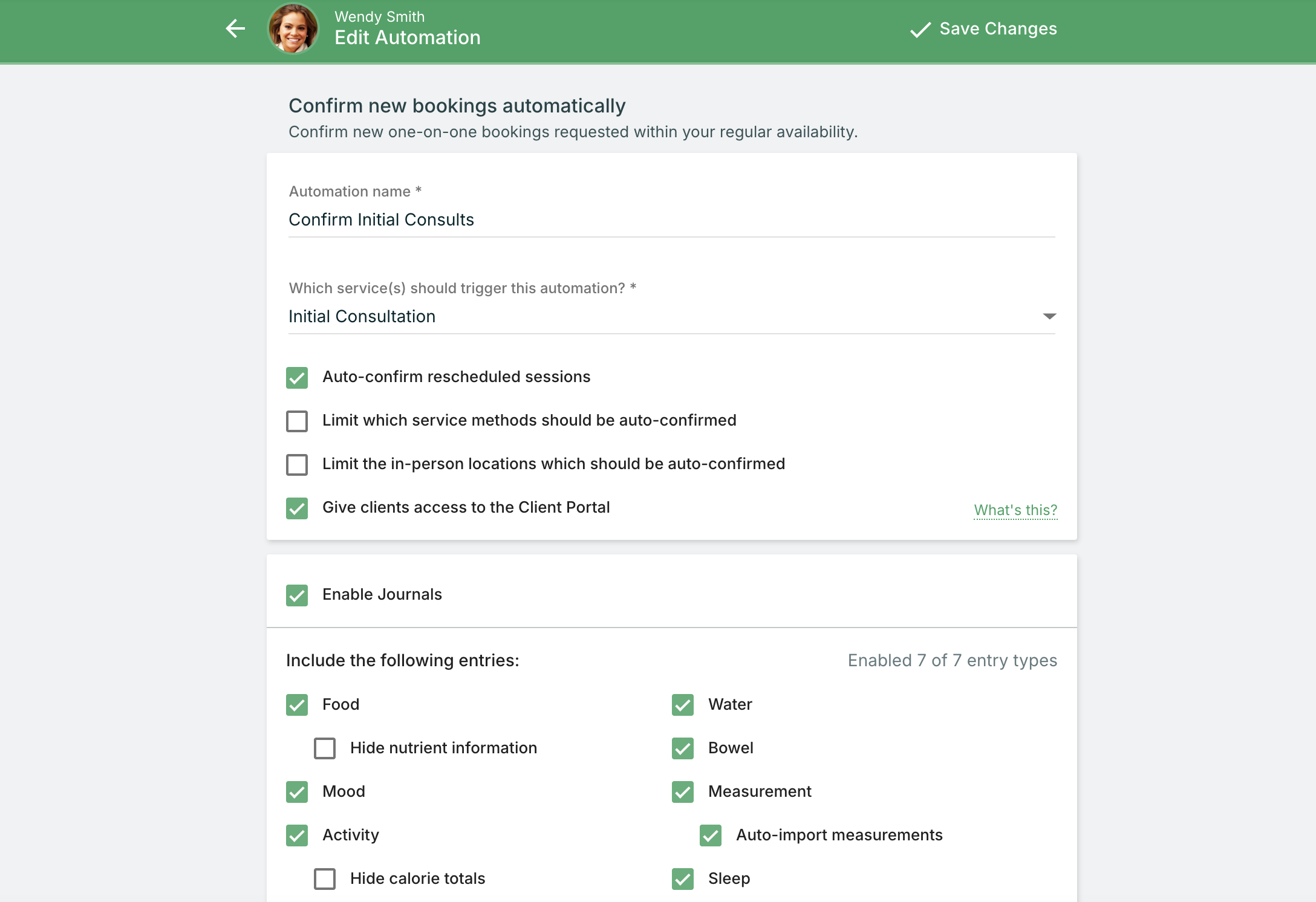 A product screenshot showing the editor for one of the automations, which is set up to confirm initial consultations upon booking.