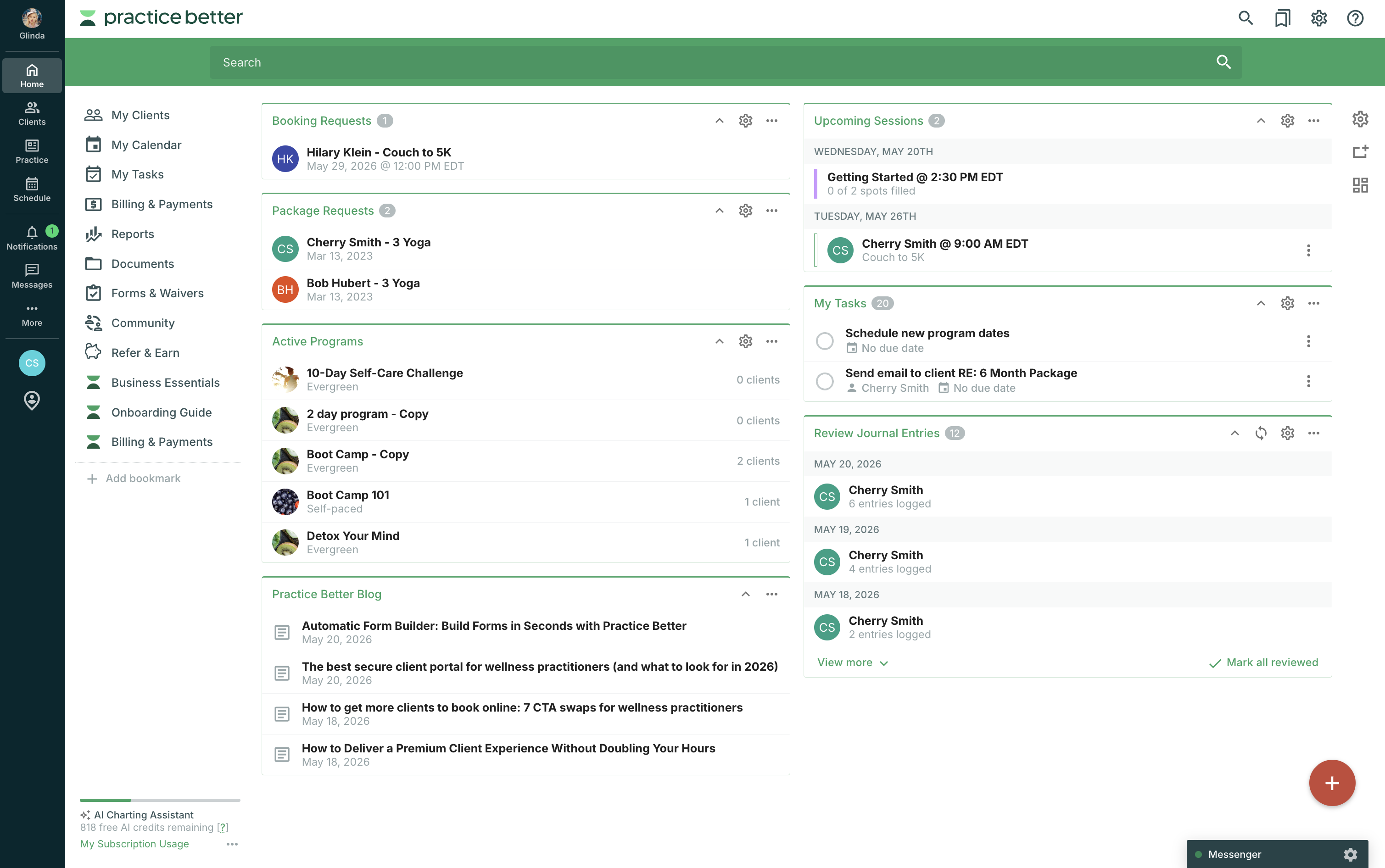 A screenshot showing the home page of the practitioner side of the Practice Better portal. Complete with Booking Requests, Upcoming Sessions, Package Requests, Tasks, Active Programs, and more.i