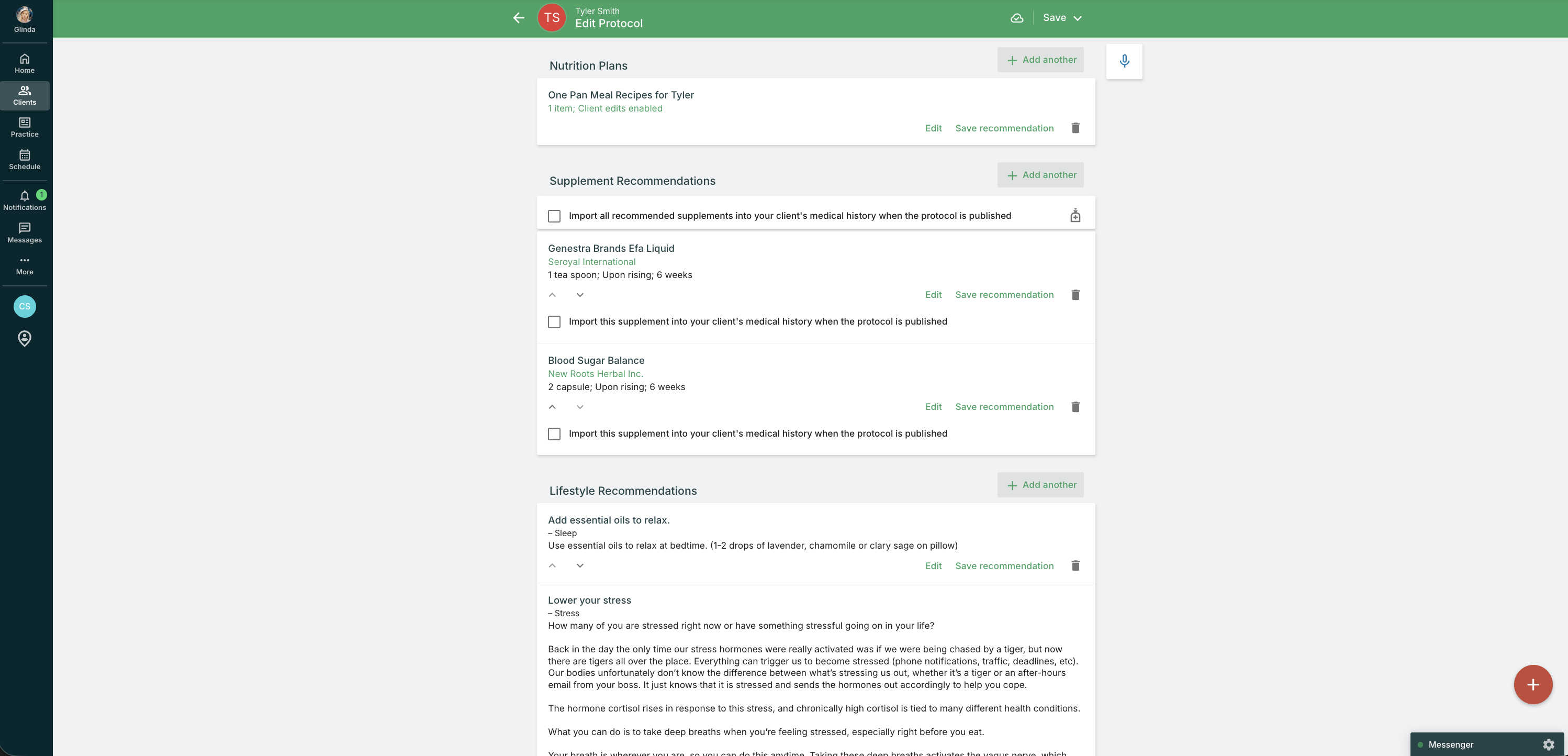A product screenshot from Practice Better showing the editing screen of a Protocol and meal plan.