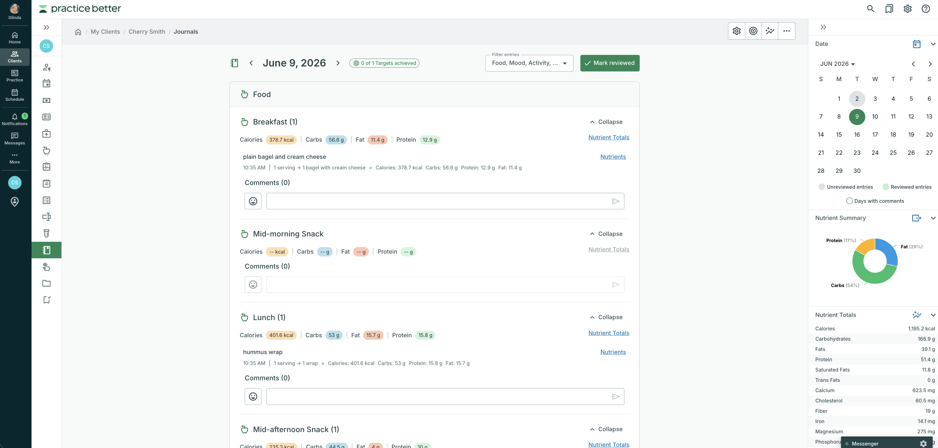 A product screenshot from Practice Better showing an active client journal with entries.