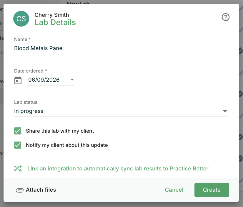 A screen grab of Lab Details within Practice Better