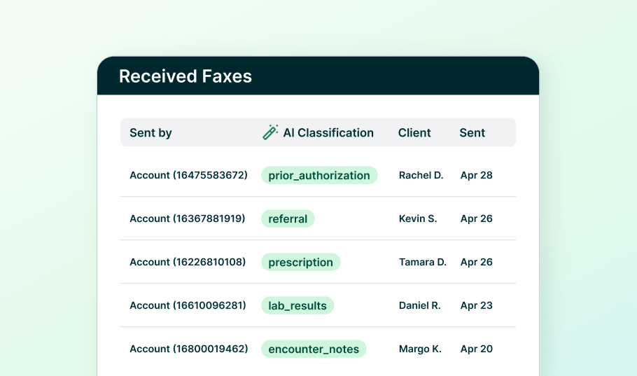 AI Fax Classification tool showing a list of sent faxes.