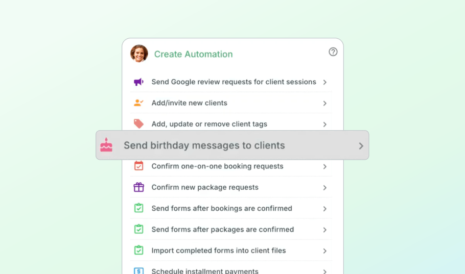 Screeshot showing the ability to send automated birthday messages to clients