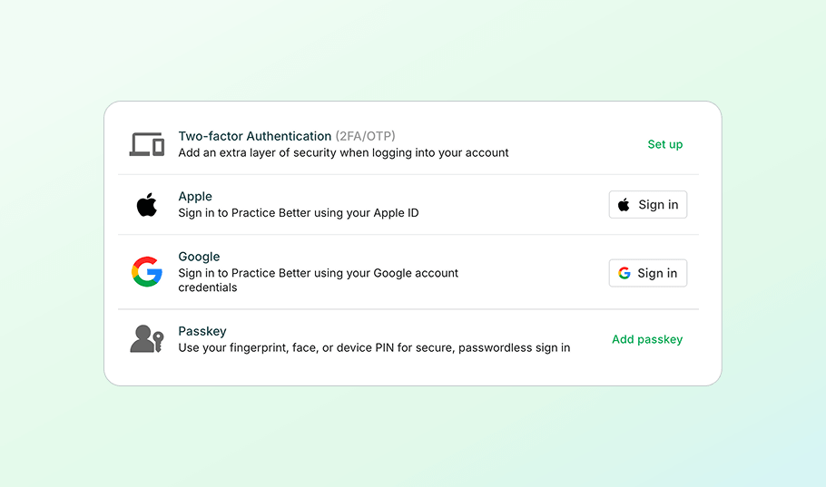 Screengrab showing all of the different ways to sign in to Practice Better