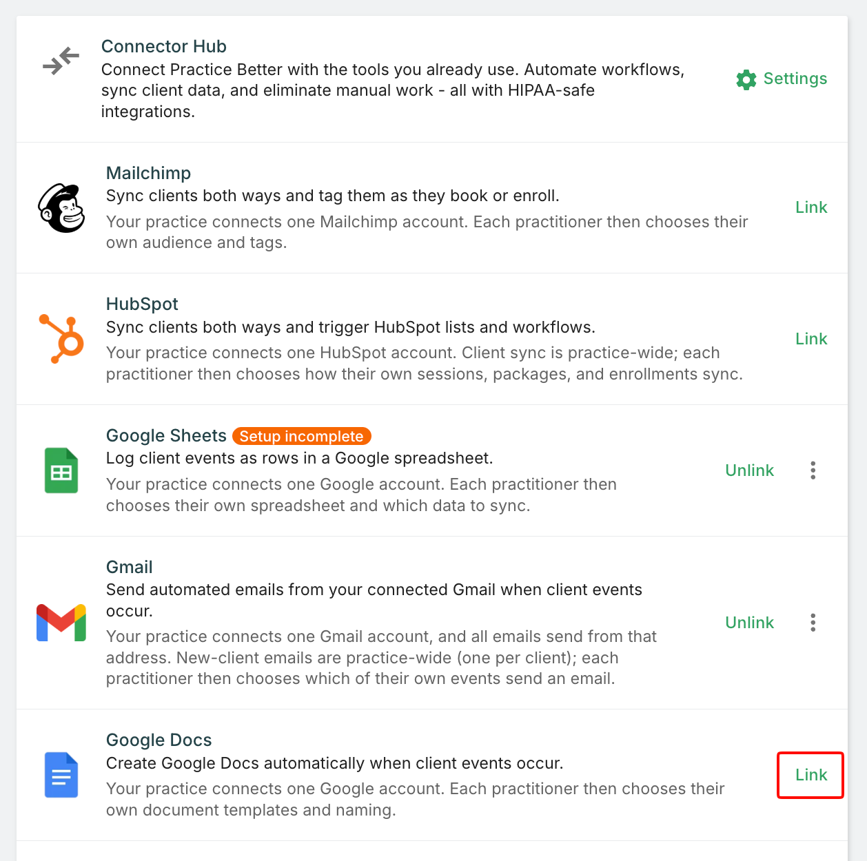 Link and Connect screens for linking an app in Connector Hub