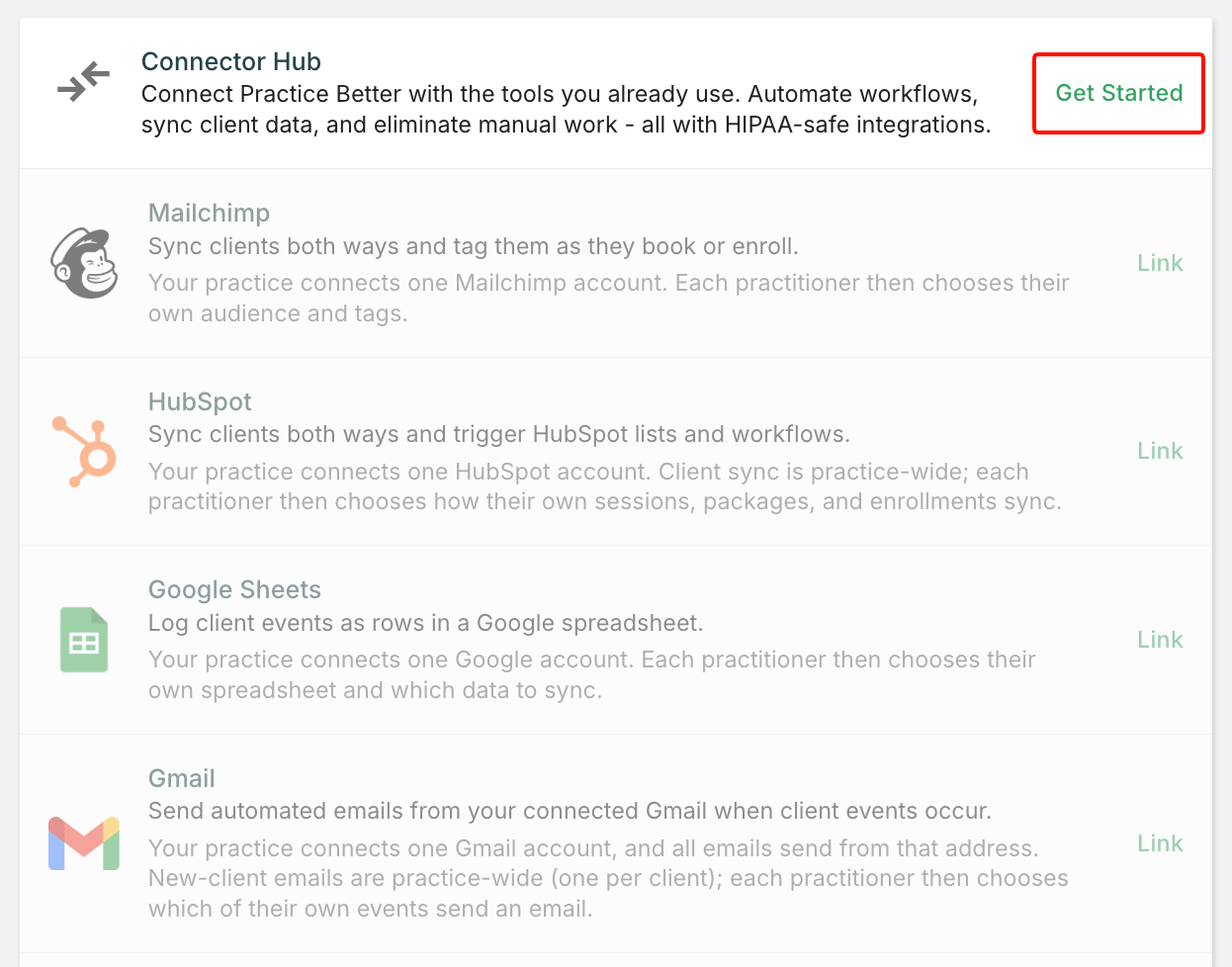 Get Started button next to Connector Hub in Settings > 3rd Party Integrations
