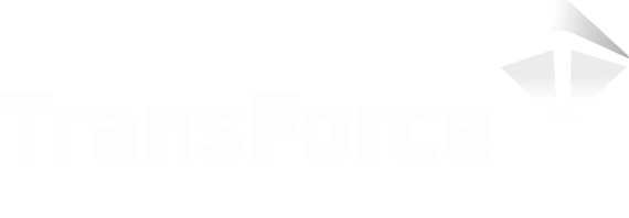 Transforce company logo featuring stylized black text and a geometric star emblem.