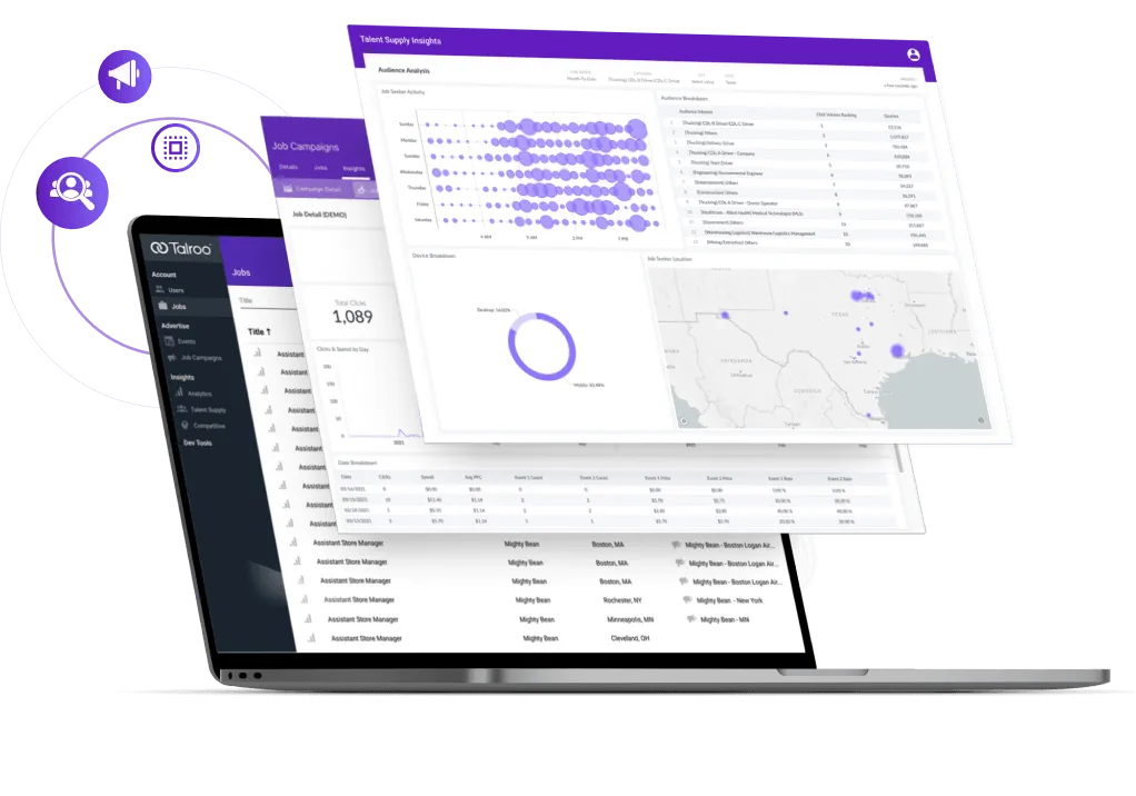 Laptop displaying Talroo job campaign and talent supply insights with charts and location map.