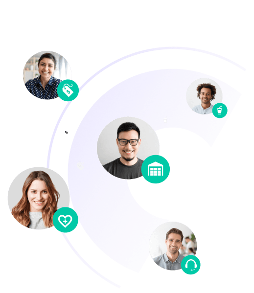 Five diverse people around a purple arc with icons representing health, retail, food, and support industries.