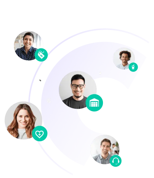 Five diverse people around a purple arc with icons representing health, retail, food, and support industries.