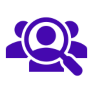 Three purple human icons with magnifying glass focusing on the center figure.