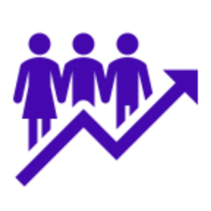 Three purple human figures behind an upward trending arrow symbolizing growth or progress.