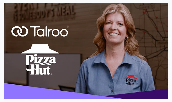 Smiling woman wearing a Pizza Hut shirt with Talroo and Pizza Hut logos displayed.