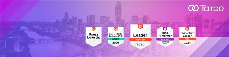 Talroo badges showing awards for users loving, easiest business, leader, high performer, and momentum leader.