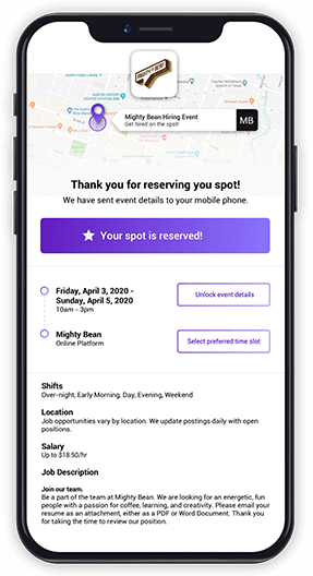 Mobile screen showing Mighty Bean Hiring event details with date, time, salary, and job description.