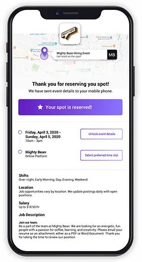 Mobile screen showing Mighty Bean Hiring event details with date, time, salary, and job description.