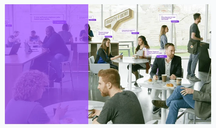 People working and socializing in a coffee shop with labels highlighting job roles and messages.