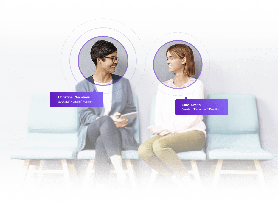 Two women sitting on a bench, one seeking nursing, the other seeking recruiting position.