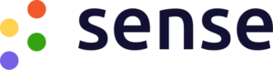 Sense logo with multicolored hexagon shapes and dark blue text spelling sense.
