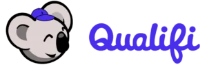Cartoon koala wearing a purple cap next to purple text Qualifi.