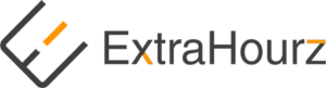 Extra Hourz logo with a stylized clock and orange accents.