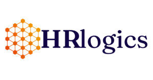 HRlogics company logo with an orange geometric icon on the left