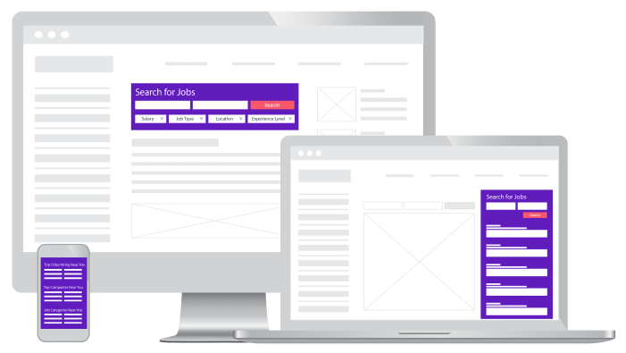 Desktop, laptop, and smartphone showing job search fields and listings on screens in purple and white theme.