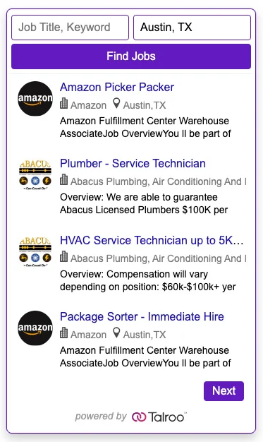 Job search widget showing listings for Amazon Picker Packer, Plumber, HVAC technician, and Package Sorter in Austin, TX.