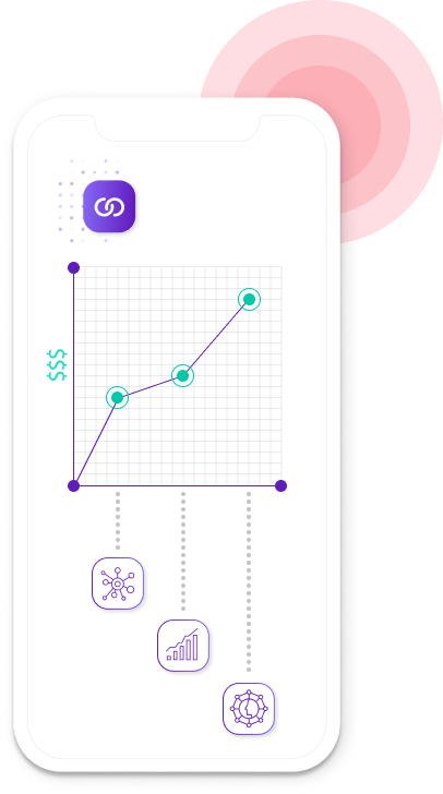 Smartphone screen showing an upward trend line graph with dollar signs and connected icons below.