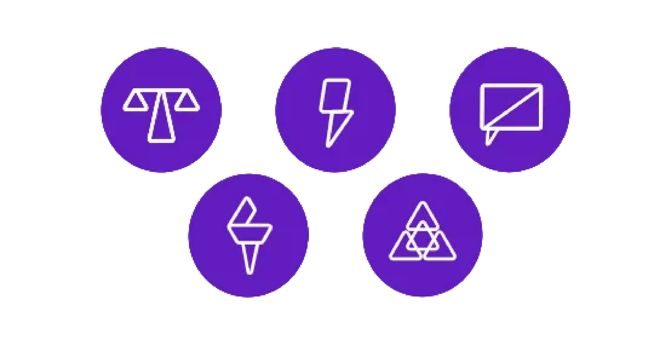 Five white line icons on purple circles: scales, lightning bolt, speech bubble, torch, and overlapping triangles.