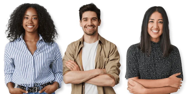 Three diverse young adults smiling, standing with arms crossed or hands in pockets against a white background.