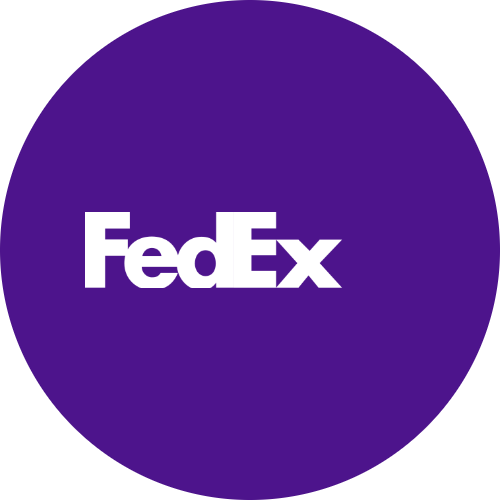 FedEx logo with white text on a purple circular background.