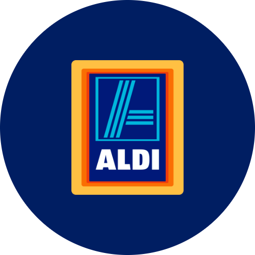 ALDI logo with stylized blue stripes above bold white ALDI text inside a blue rectangle with orange and yellow borders on a dark blue circular background.