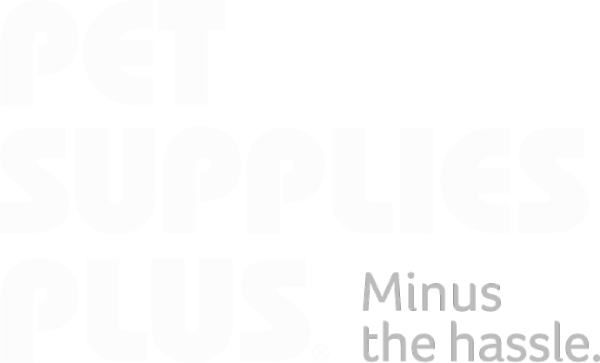 White text logo saying 'PET SUPPLIES PLUS.' with gray smaller text 'Minus the hassle.'